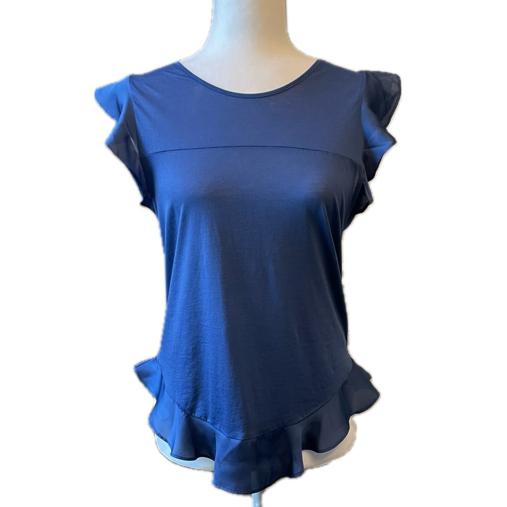Women’s J. Crew Sleeveless Blouse Size XS Navy Blue Flutter Sleeves Ruffle Hem
